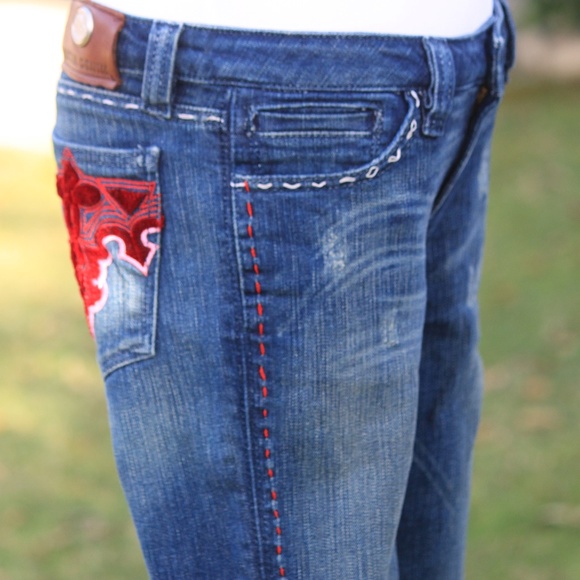 Y2K Antik Denim Gorgeous red velvet embroidered jeans - vintage - Picture 2 of 8
